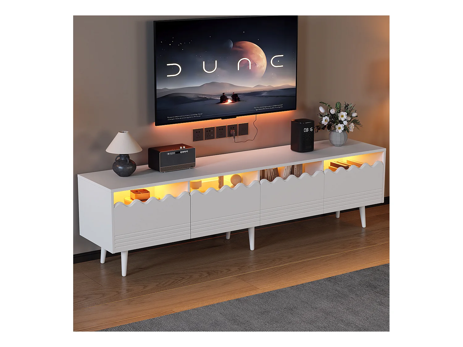 Meuble TV LED salon avec 2 portes 2 tiroirs et rangement - pieds en bois - verre décoratif - blanc (176x38x30 cm)