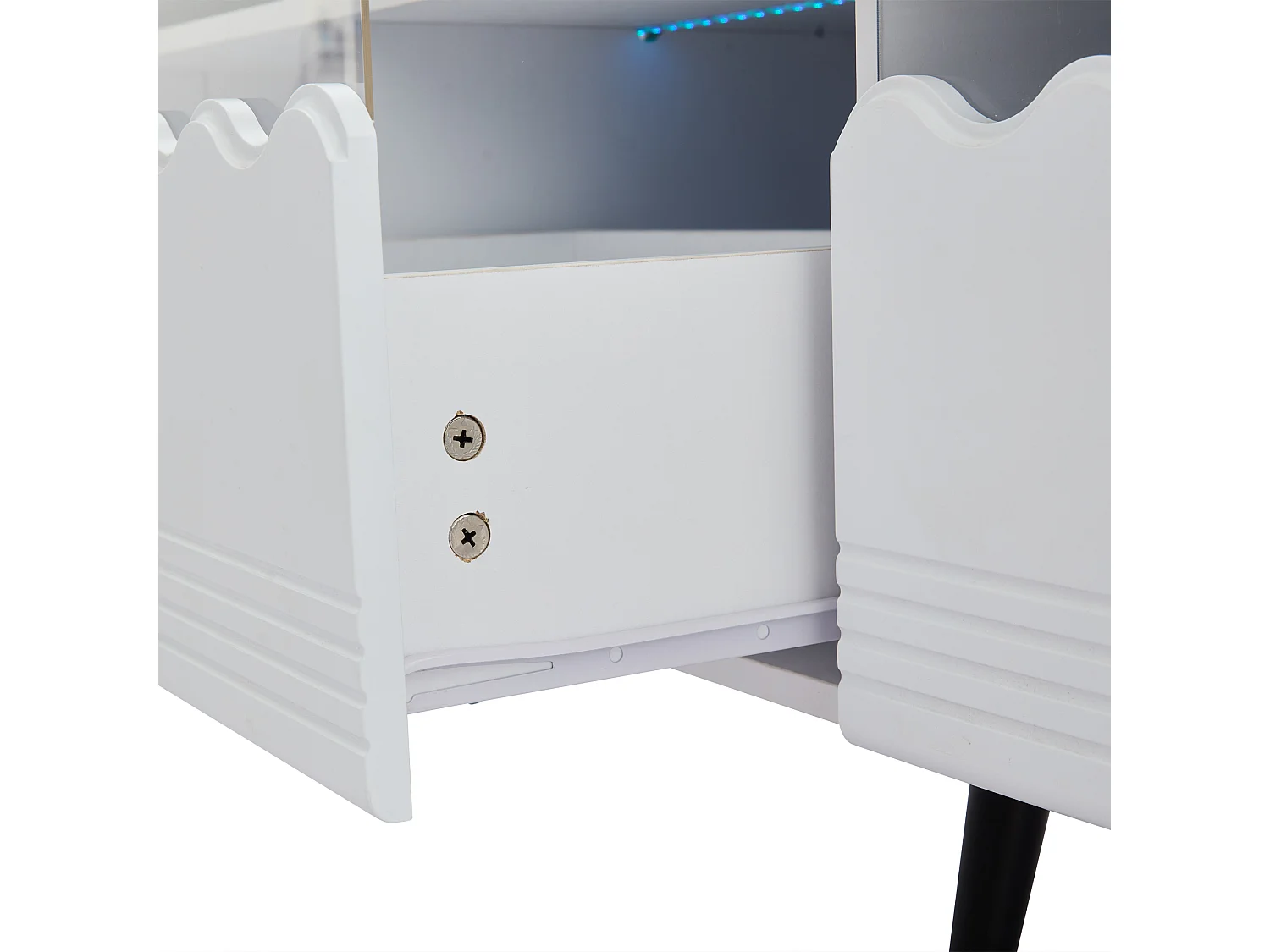 Meuble TV 176x38x30 cm LED avec 2 portes 2 tiroirs et rangement - pieds en bois - verre décoratif - blanc