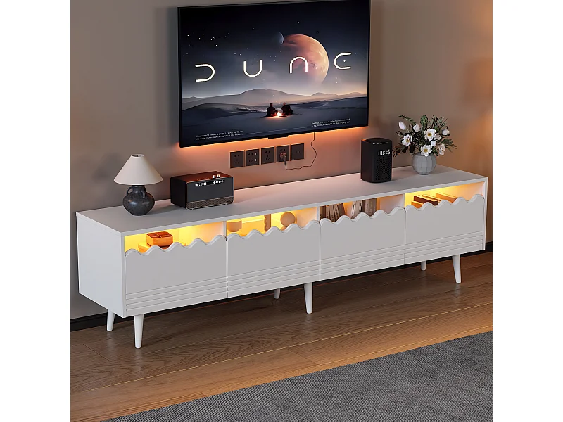 LED TV-meubel voor woonkamer met 2 deuren, 2 lades en opbergruimte - houten poten - decoratief glas - wit (176x38x30 cm)