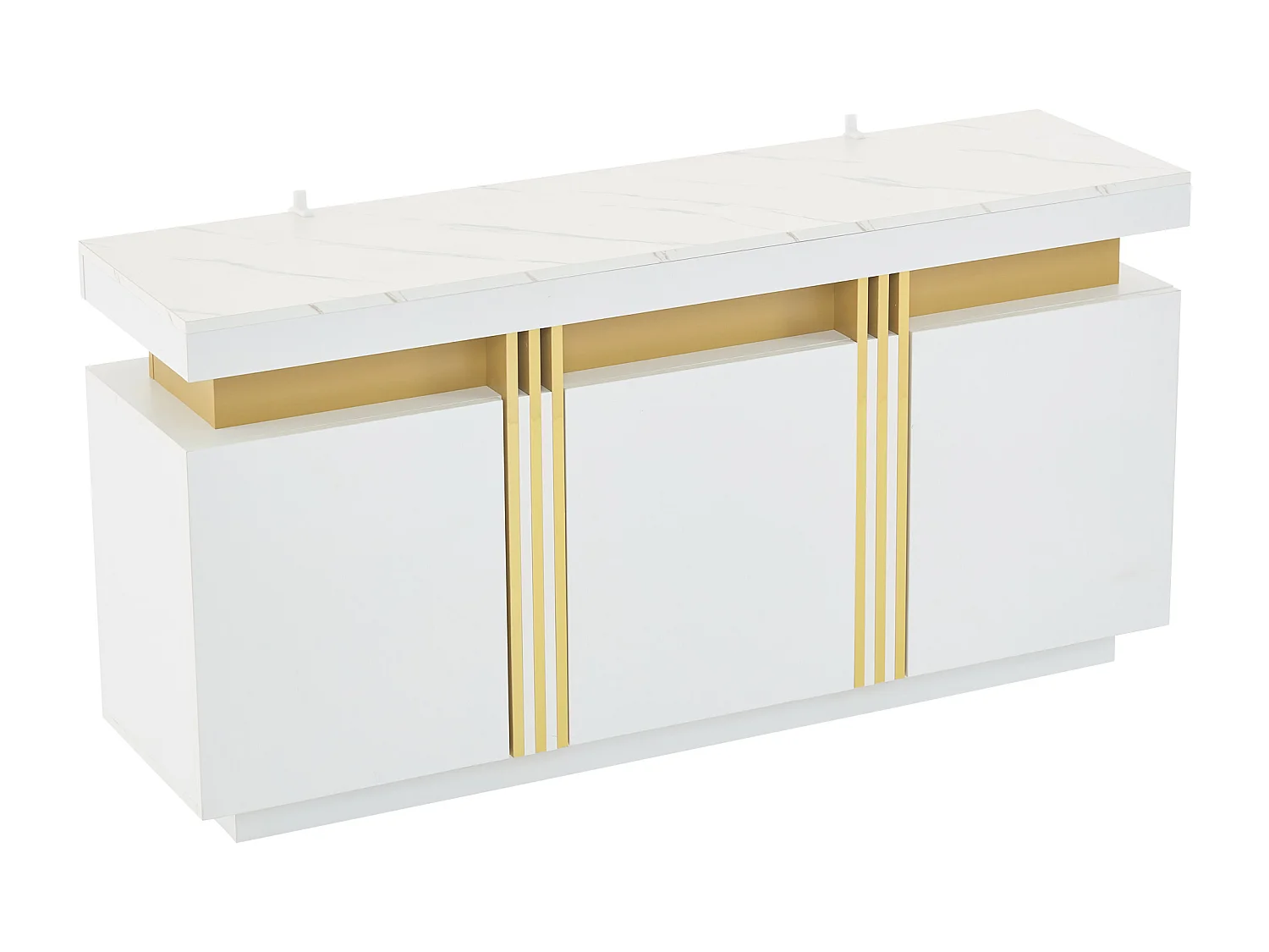 Buffet 140x38x70 cm avec 3 portes - plan de travail en marbre imitation et étagères réglables - bois - blanc