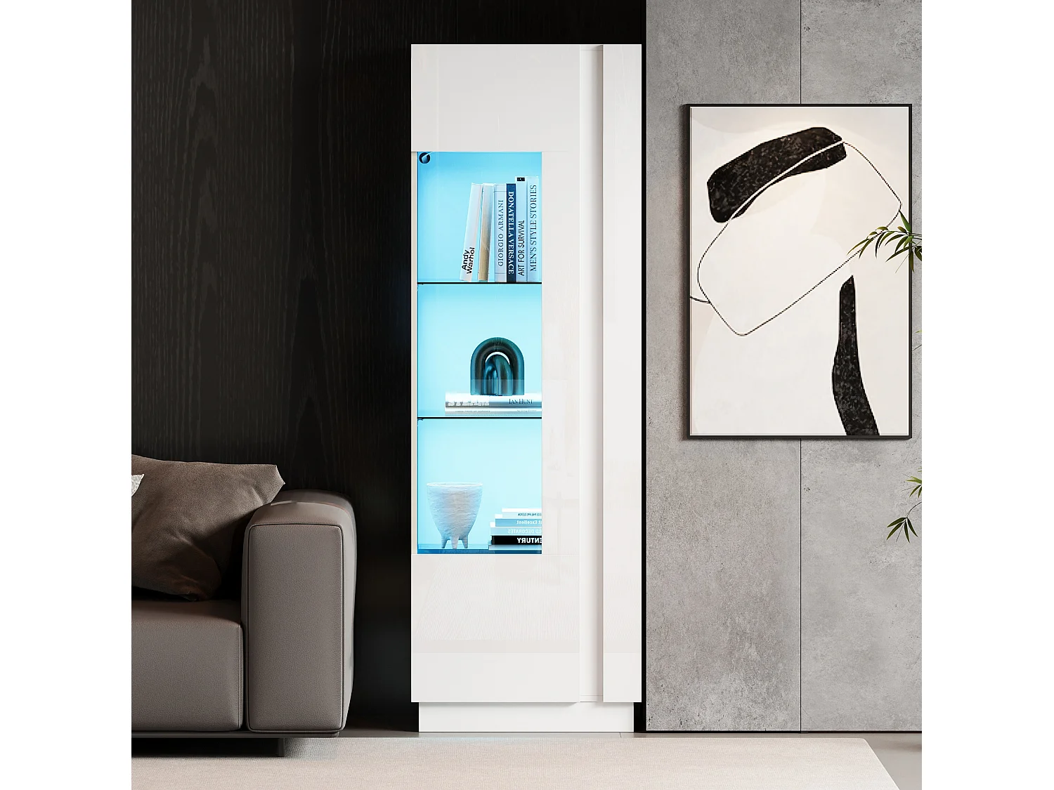 Vitrine 60x40x180 cm LED avec 1 porte en acrylique et rangement - buffet avec 3 étagères en verre - bois - blanc