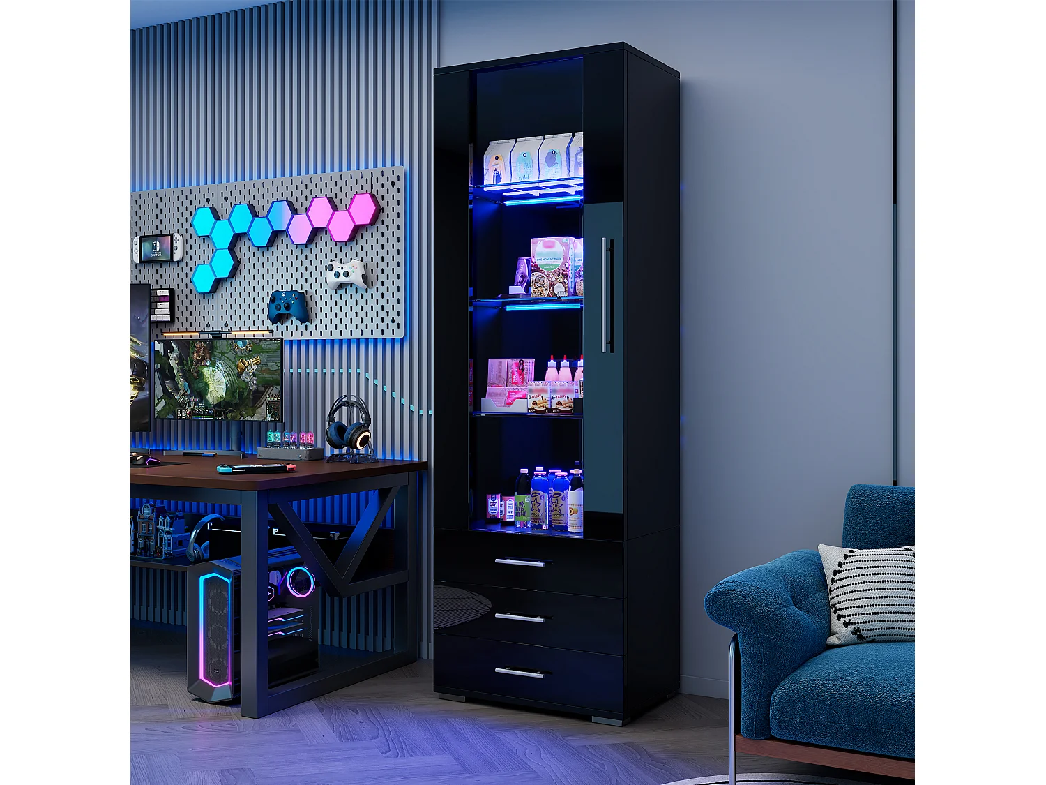 Vitrine 60x35x180cm 1 porte et 3 tiroirs de rangement - buffet LED - verre décoratif - noir