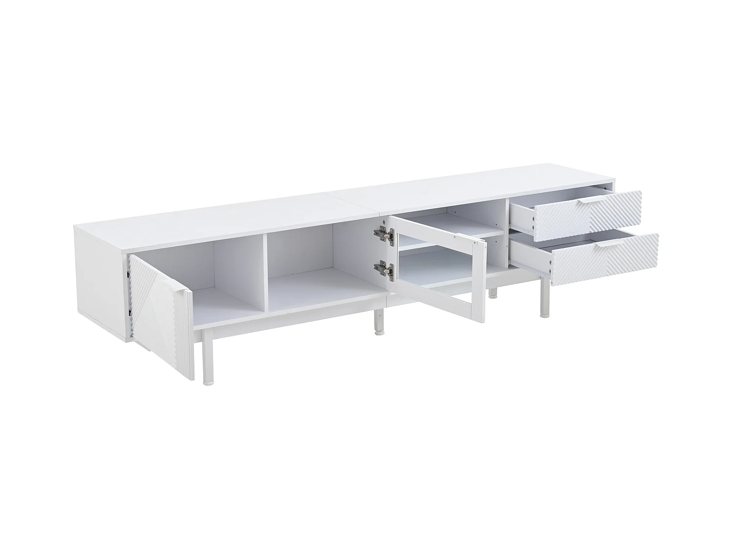 Meuble TV 200x40x50.5 cm avec 2 portes 2 tiroirs et rangement ouvert - verre décoratif - en bois - blanc