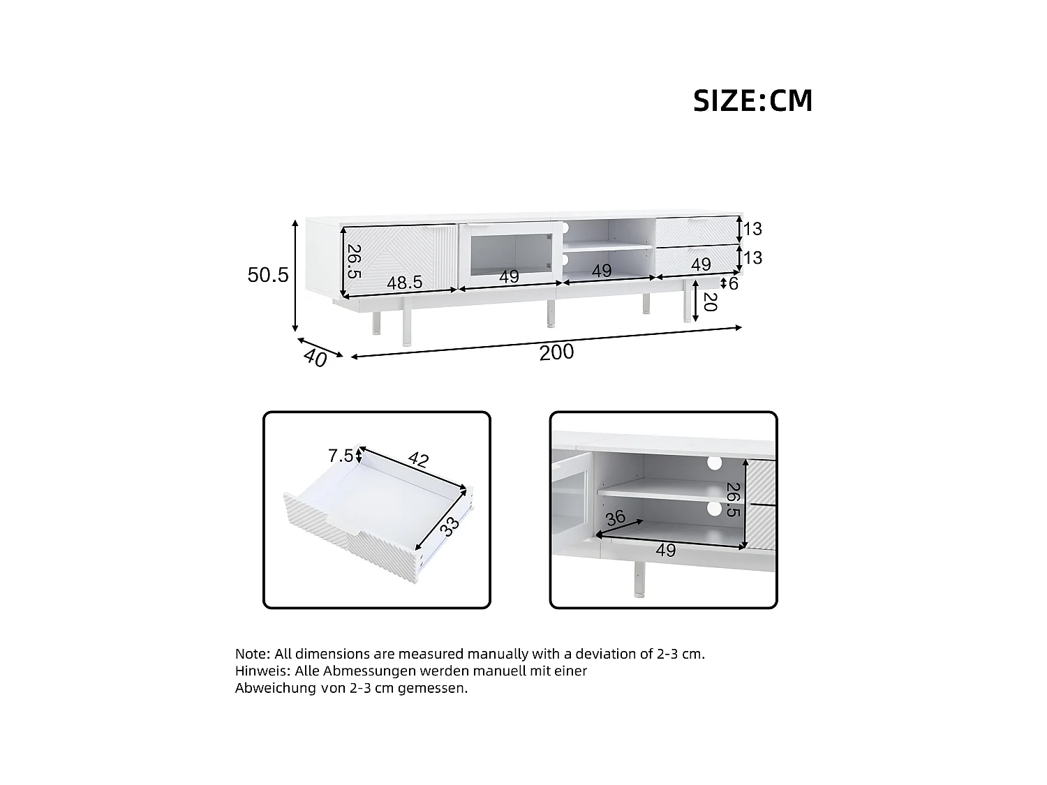 Meuble TV 200x40x50.5 cm avec 2 portes 2 tiroirs et rangement ouvert - verre décoratif - en bois - blanc