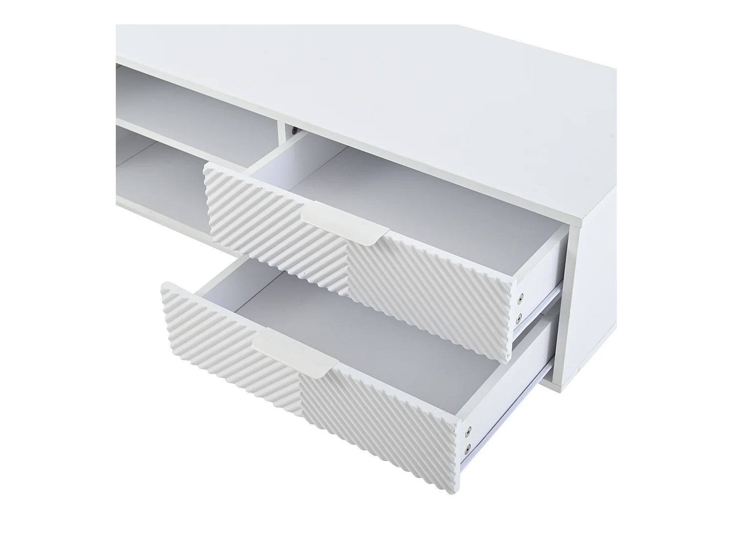 Meuble TV 200x40x50.5 cm avec 2 portes 2 tiroirs et rangement ouvert - verre décoratif - en bois - blanc