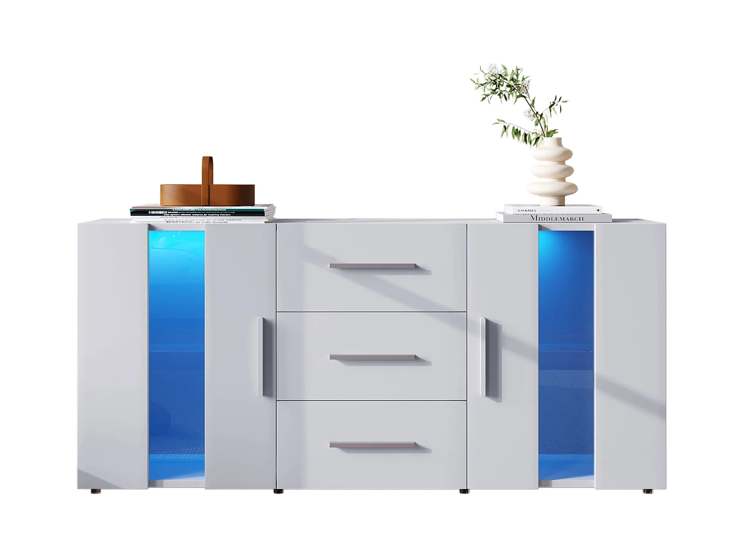 Buffet 140x35x72 cm LED avec 2 portes 3 tiroirs - meuble de rangement - bois - blanc