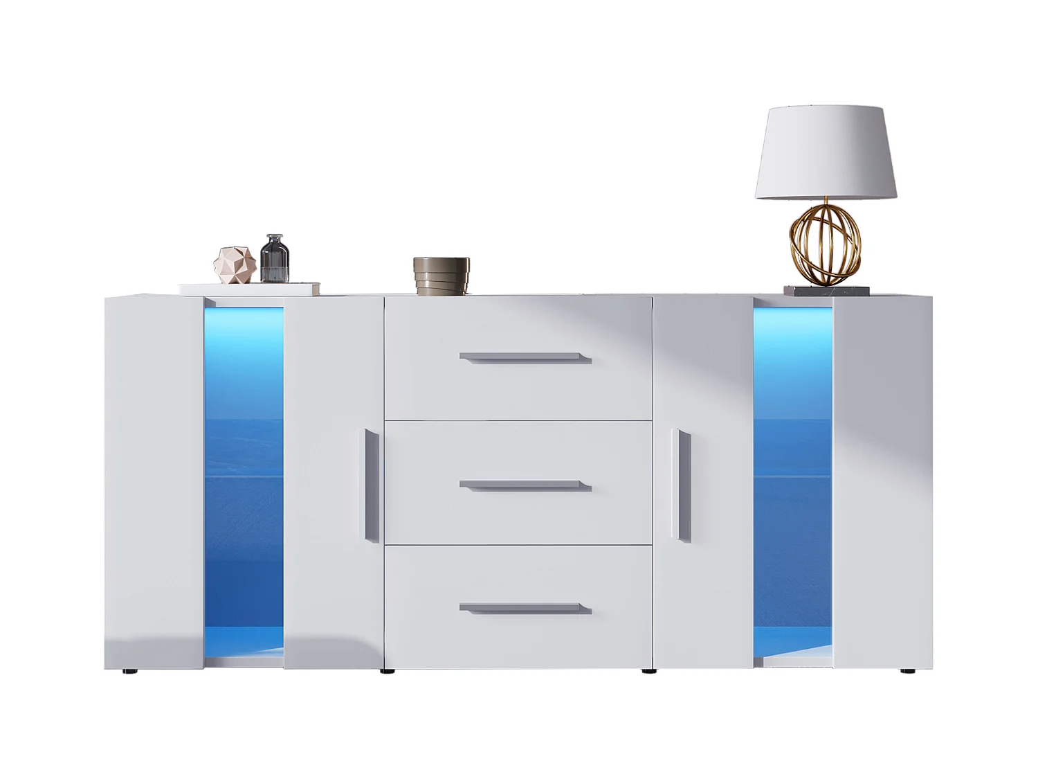 Buffet 140x35x72 cm LED avec 2 portes 3 tiroirs - meuble de rangement - bois - blanc