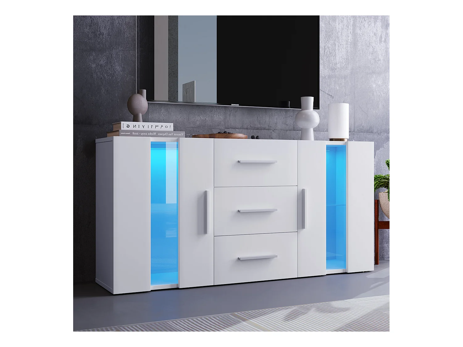 Buffet salle à manger LED avec 2 portes 3 tiroirs - meuble de rangement - bois - blanc (140x35x72 cm)