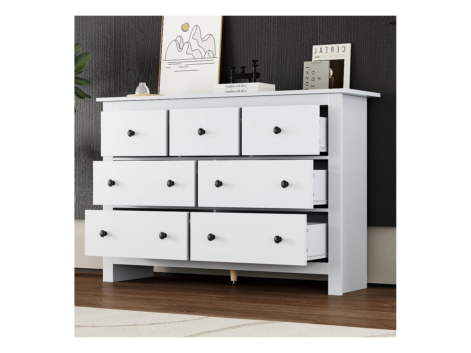 Commode avec 7 tiroirs - meuble de rangement - buffet en bois - blanc (152x40x88.5 cm)