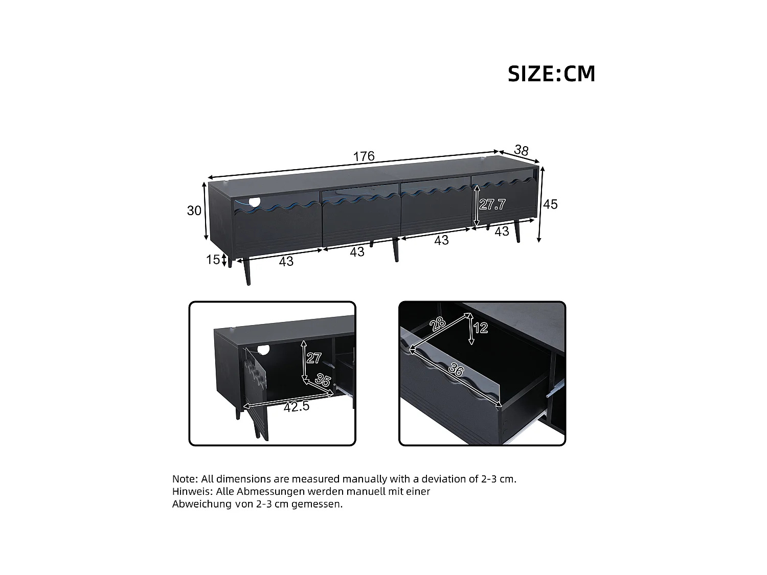 Meuble TV 176x38x30 cm LED salon avec 2 portes 2 tiroirs et rangement - pieds en bois - verre décoratif - noir