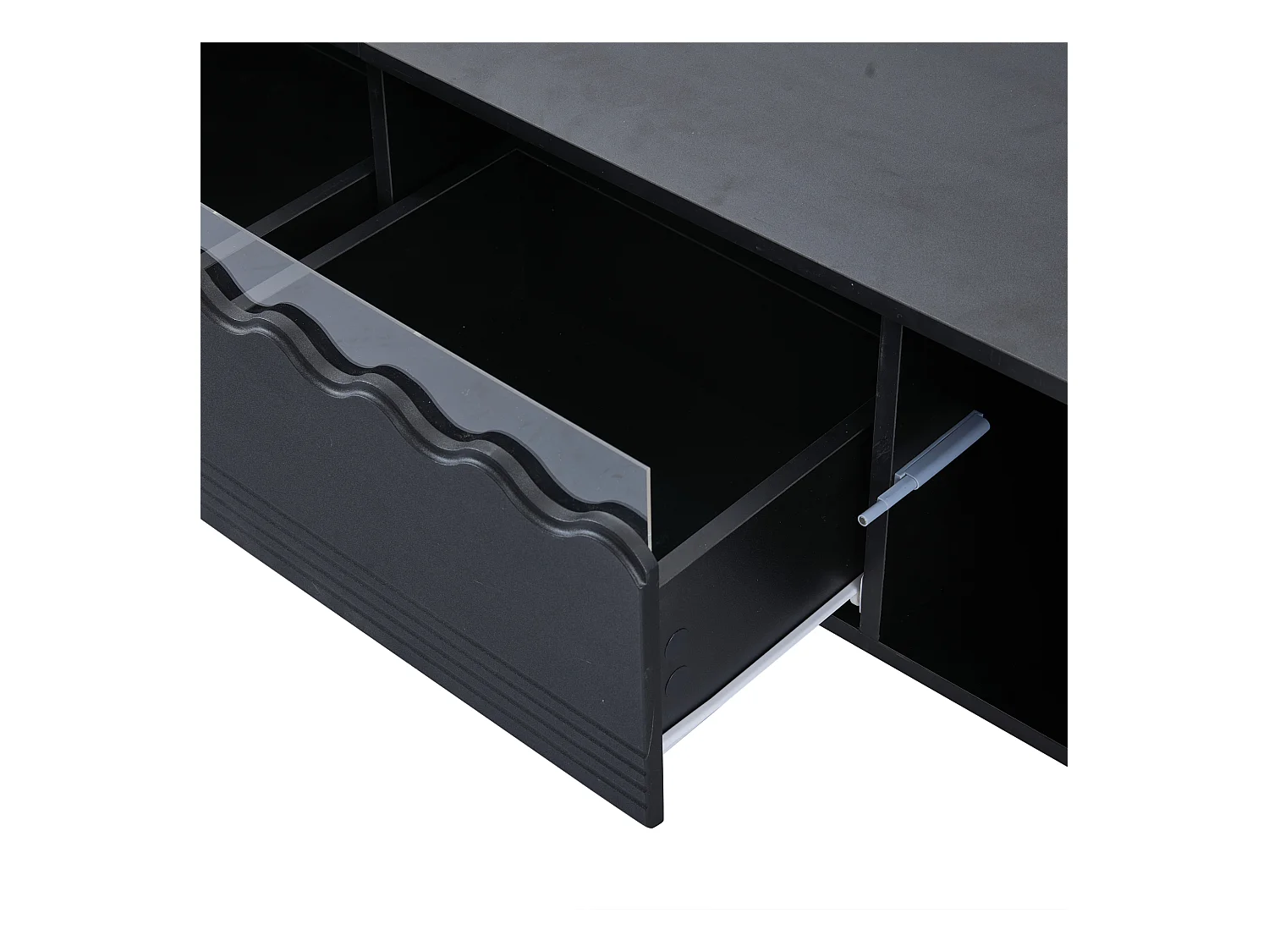 Meuble TV 176x38x30 cm LED salon avec 2 portes 2 tiroirs et rangement - pieds en bois - verre décoratif - noir