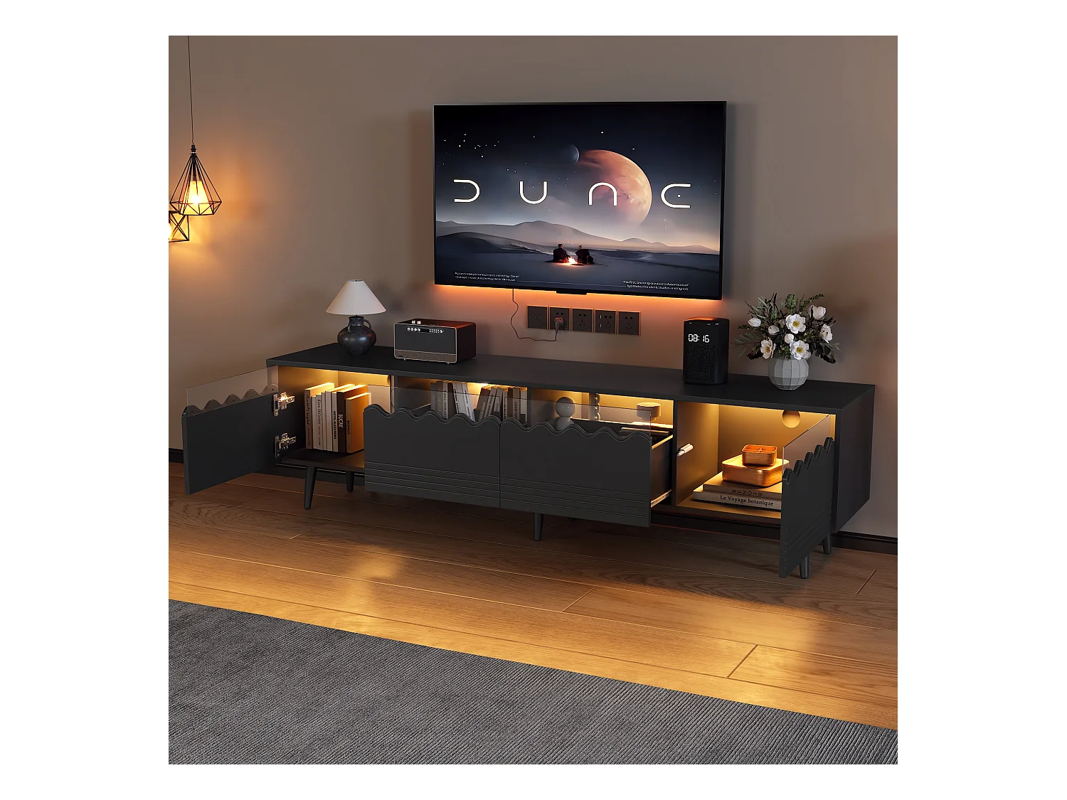 Meuble TV LED salon avec 2 portes 2 tiroirs et rangement - pieds en bois - verre décoratif - noir (176x38x30 cm)