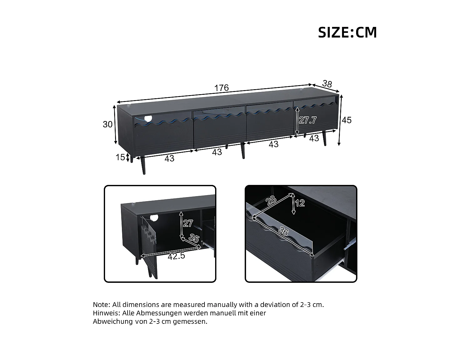LED TV-meubel voor woonkamer met 2 deuren, 2 lades en opbergruimte - houten poten - decoratief glas - zwart (176x38x30 cm)
