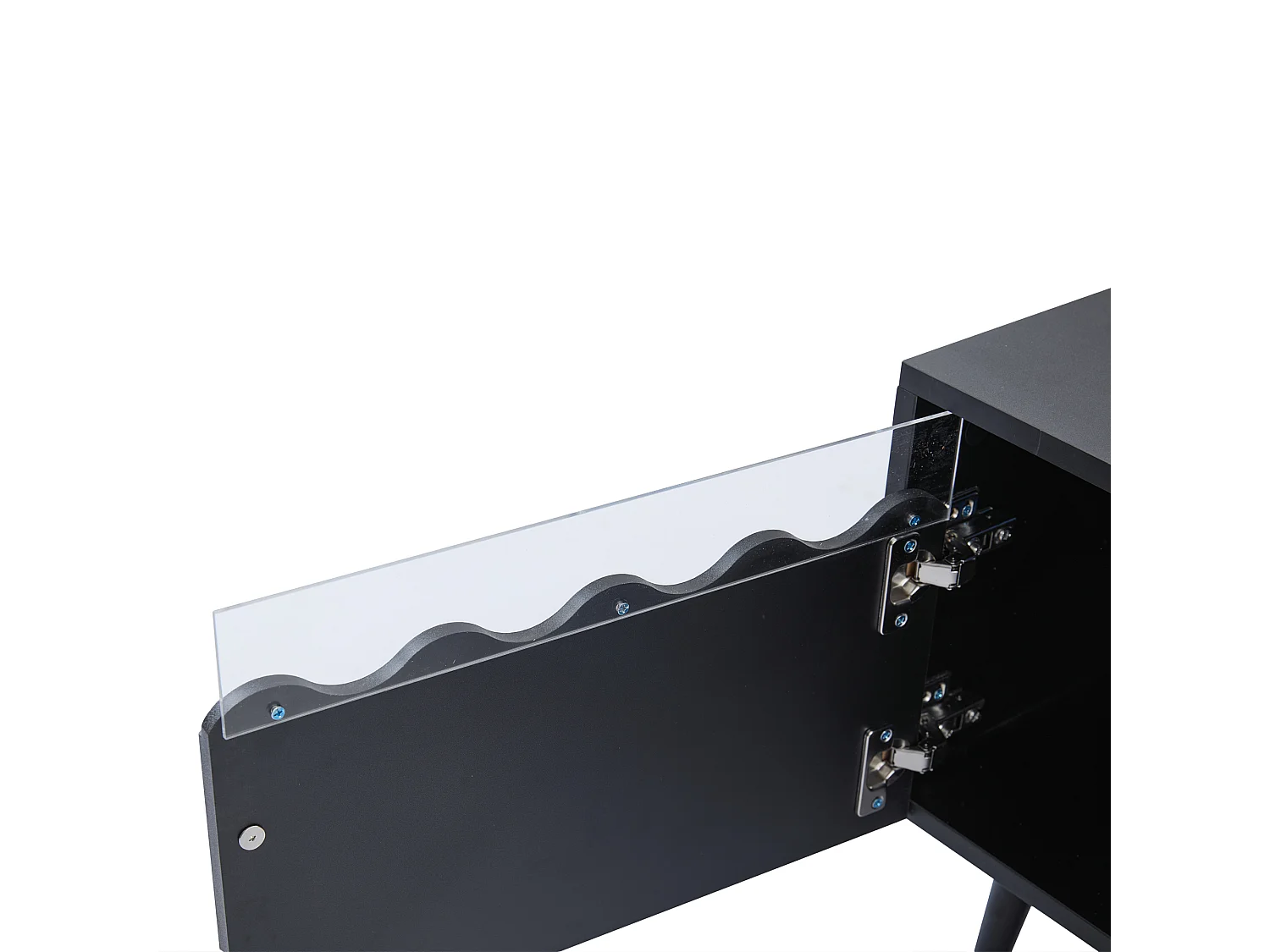 LED TV-meubel voor woonkamer met 2 deuren, 2 lades en opbergruimte - houten poten - decoratief glas - zwart (176x38x30 cm)