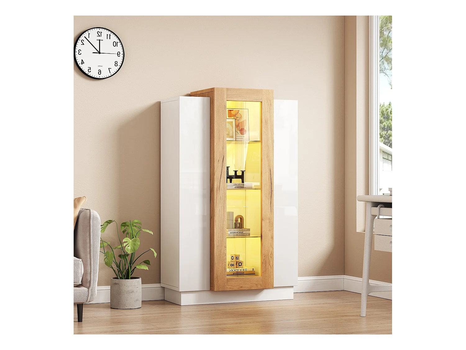 LED vitrinekast met 3 deuren en opbergruimte - dressoir met glazen planken - hout - wit (74x40x120 cm)