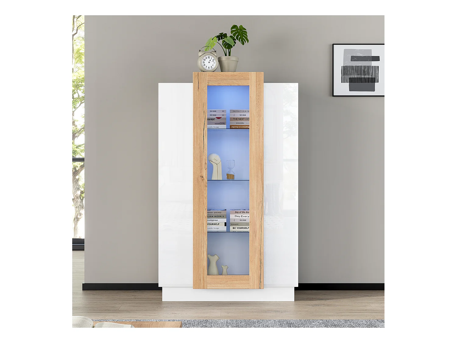 LED vitrinekast met 3 deuren en opbergruimte - dressoir met glazen planken - hout - wit (74x40x120 cm)