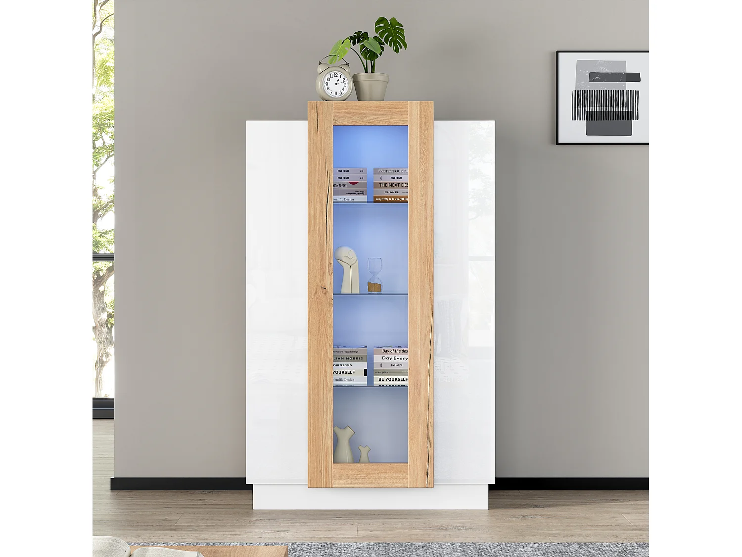Vitrine 74x40x120 cm LED avec 3 portes et rangement - buffet avec étagères en verre - bois - blanc