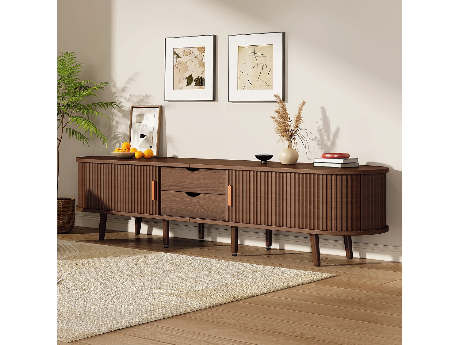 Meuble tv 175x40x42cm avec 2 tiroirs et rangement ouvert - plateau ovale mdf - noyer