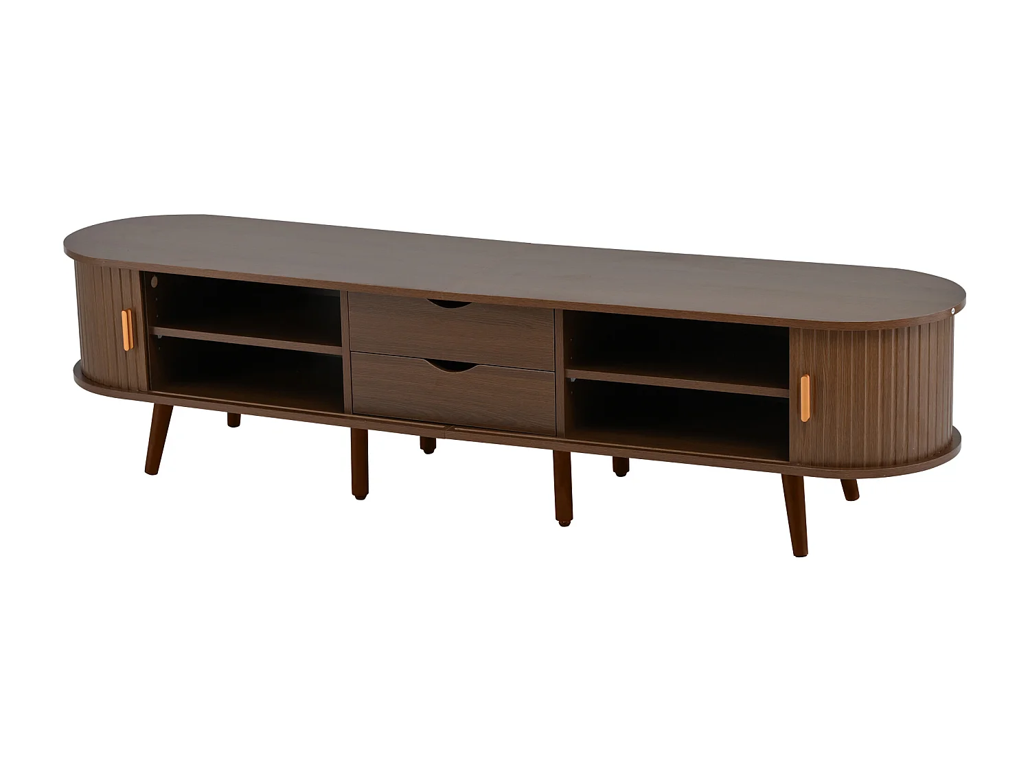 Meuble tv 175x40x42cm avec 2 tiroirs et rangement ouvert - plateau ovale mdf - noyer