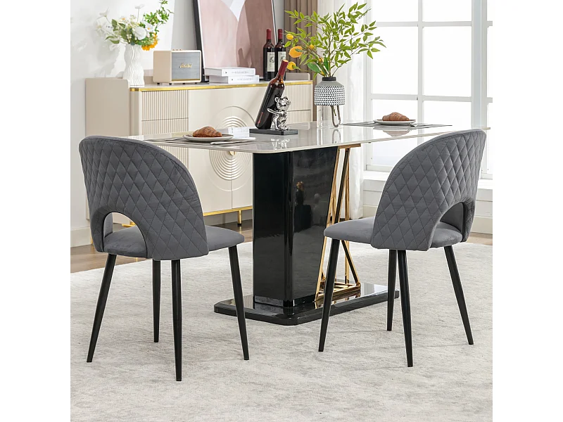 Lot de 2 chaises à manger en velours avec dossier rembourré - pieds métalliques réglables noir - gris