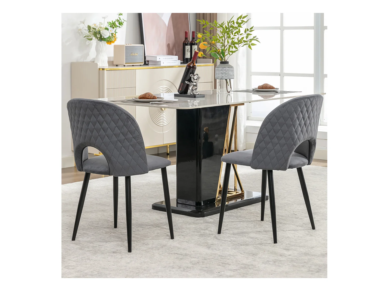 Lot de 2 chaises à manger en velours avec dossier rembourré - pieds métalliques réglables noir - gris
