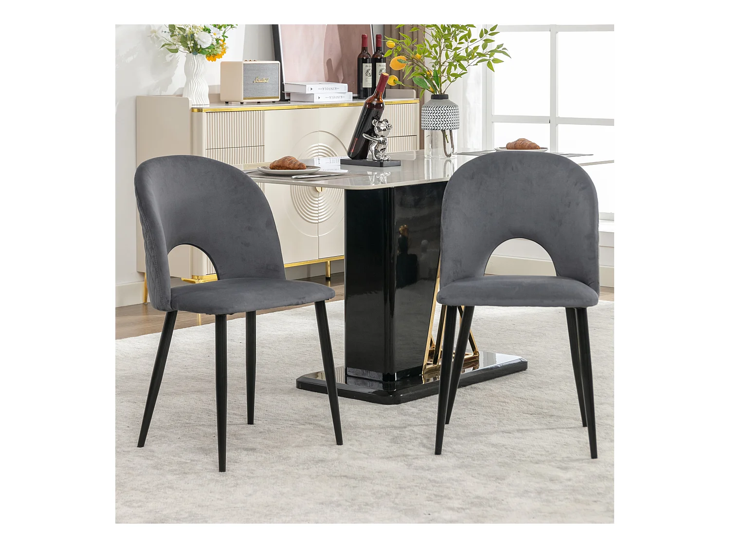 Lot de 2 chaises à manger en velours avec dossier rembourré - pieds métalliques réglables noir - gris