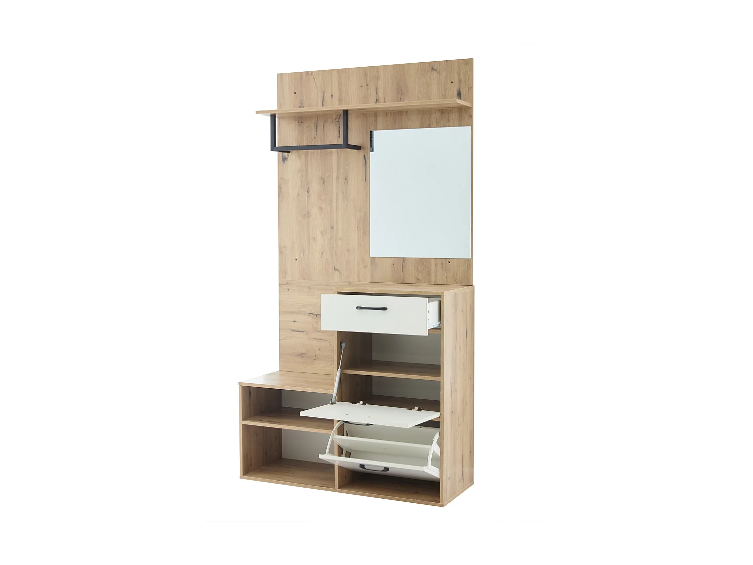 Cabina armadio ingresso con specchio + 1 cassetto + scarpiera + ganci - legno - bianco + legno naturale (100x38,5x190 cm)