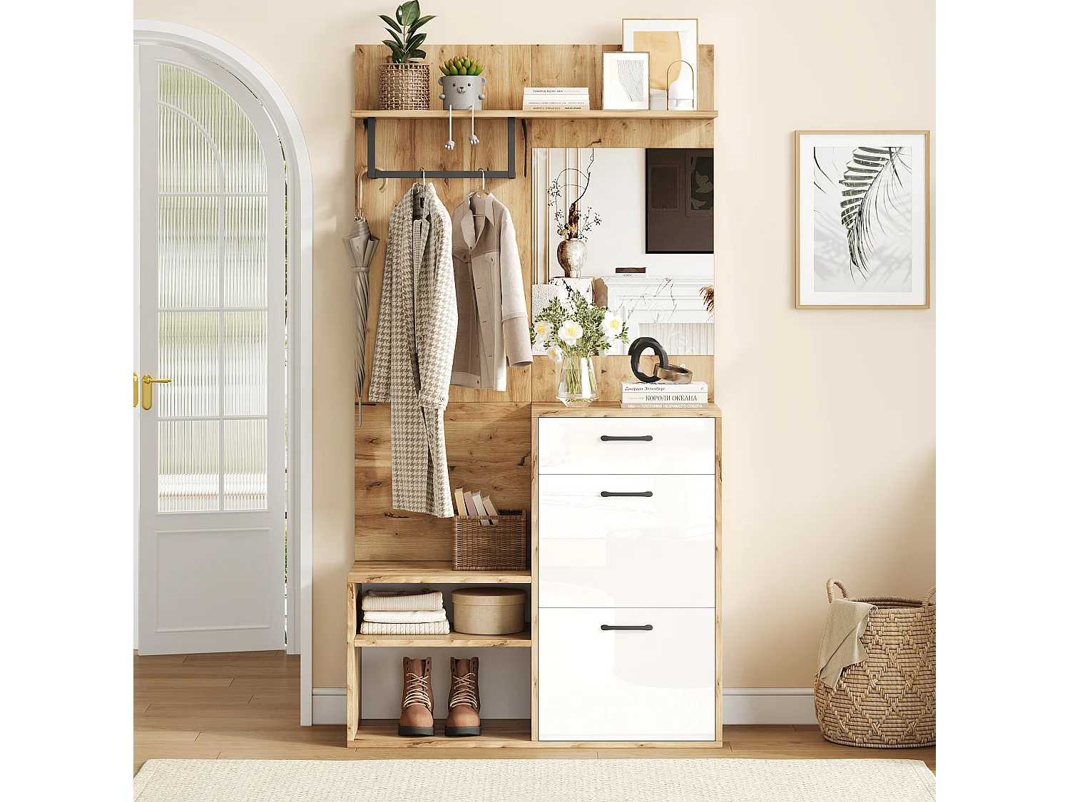 Cabina armadio ingresso con specchio + 1 cassetto + scarpiera + ganci - legno - bianco + legno naturale (100x38,5x190 cm)