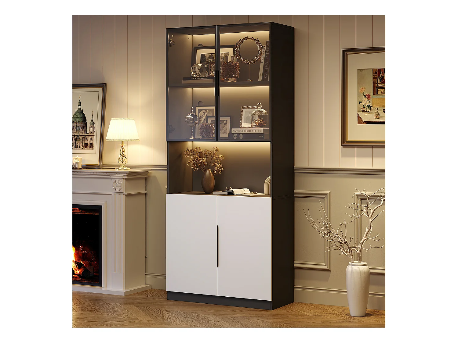 LED boekenkast vitrinekast met 4 deuren en open opbergruimte - opbergmeubel - zwart (80x30x200cm)