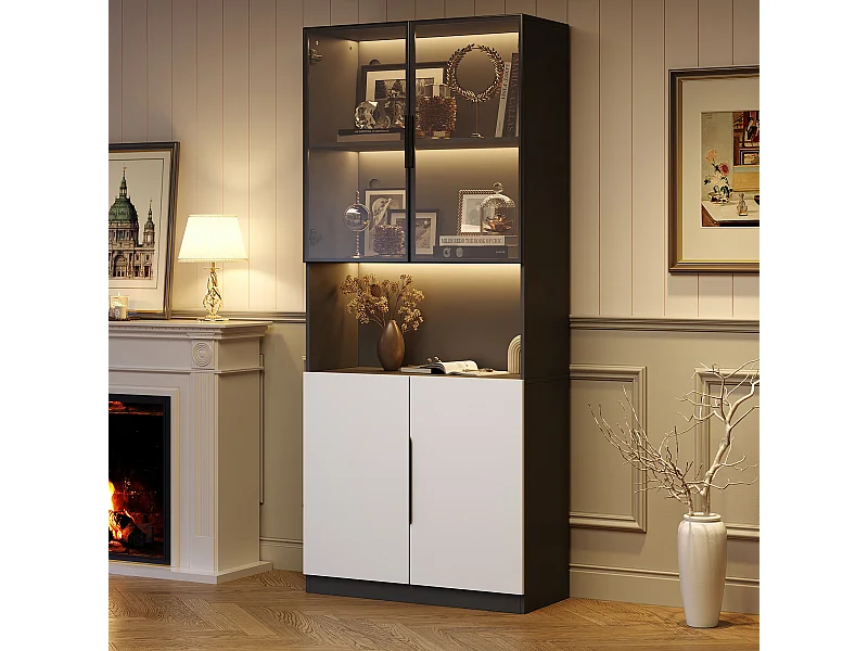 Libreria espositiva a LED con 4 ante e vano a giorno - mobile contenitore - nero (80x30x200cm)