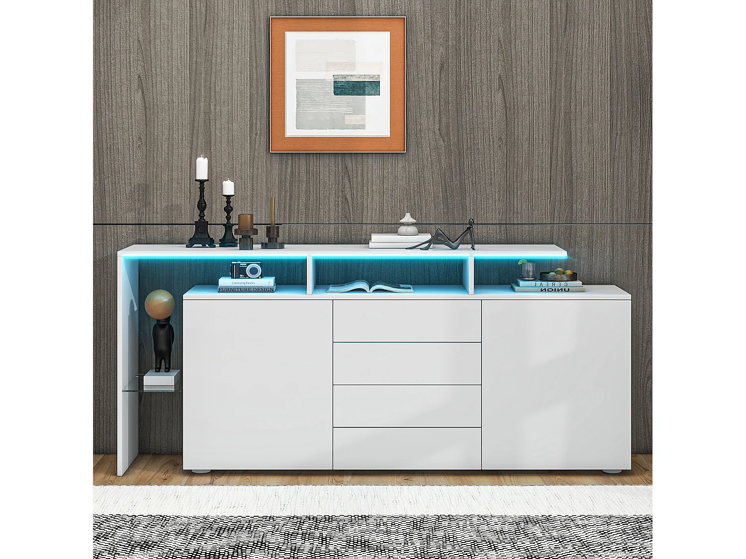 LED eetkamer dressoir met 2 deuren en 4 laden - open opbergruimte en glazen planken - hout - wit (160x35x72 cm)