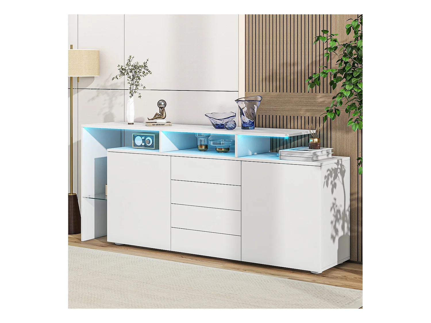 Buffet salle à manger LED avec 2 portes 4 tiroirs - rangement ouvert et étagères en verre - bois - blanc (160x35x72 cm)