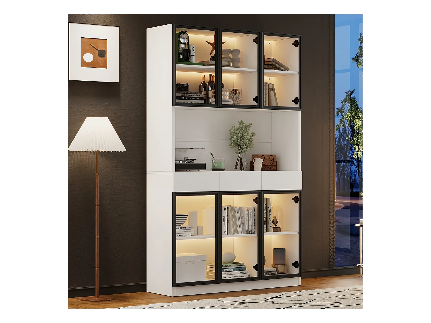 Vitrine 120x36x200cm LED 6 portes vitrées 3 tiroirs et rangement ouvert - meuble de rangement - blanc