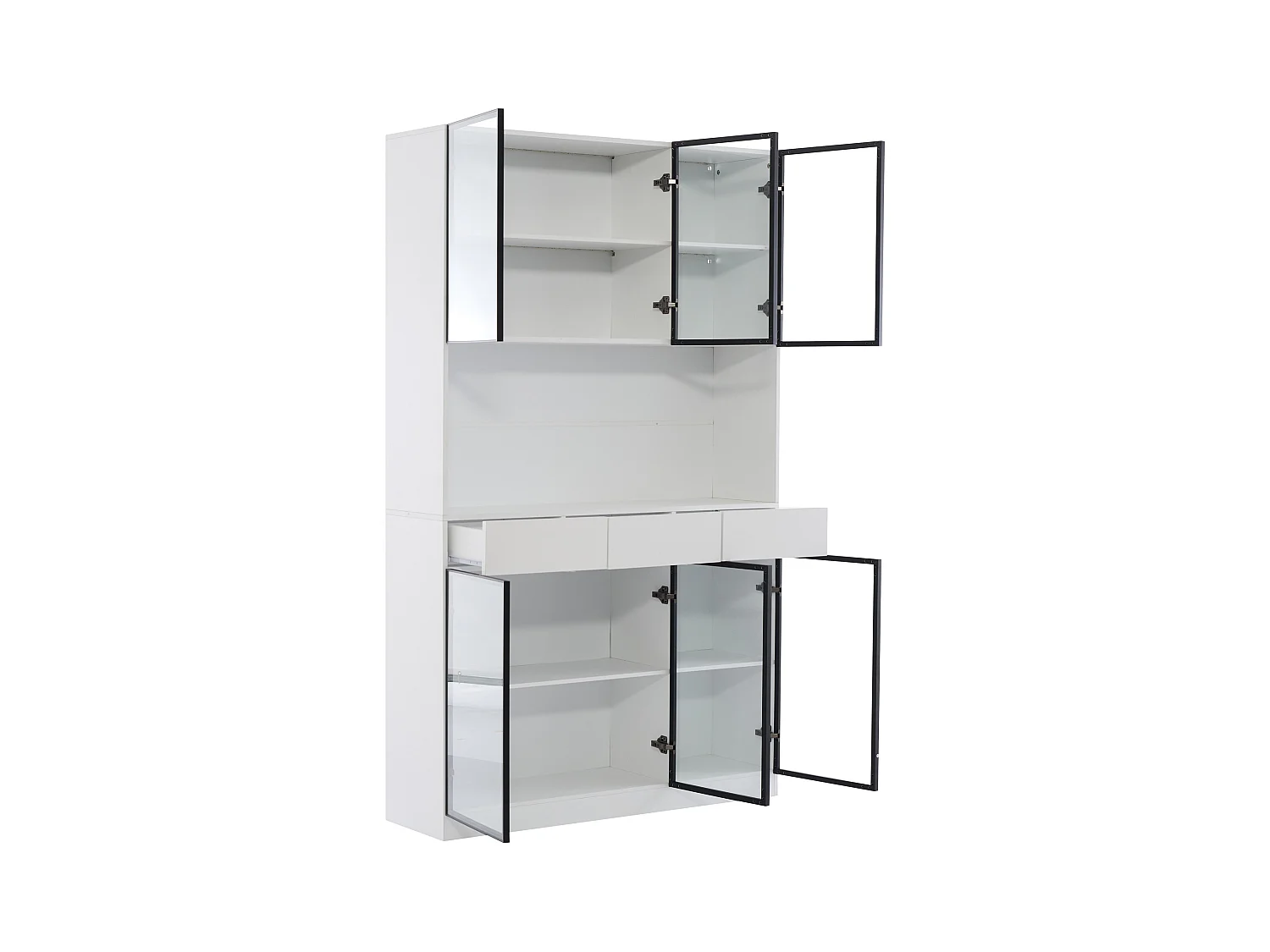 Vitrine 120x36x200cm LED 6 portes vitrées 3 tiroirs et rangement ouvert - meuble de rangement - blanc