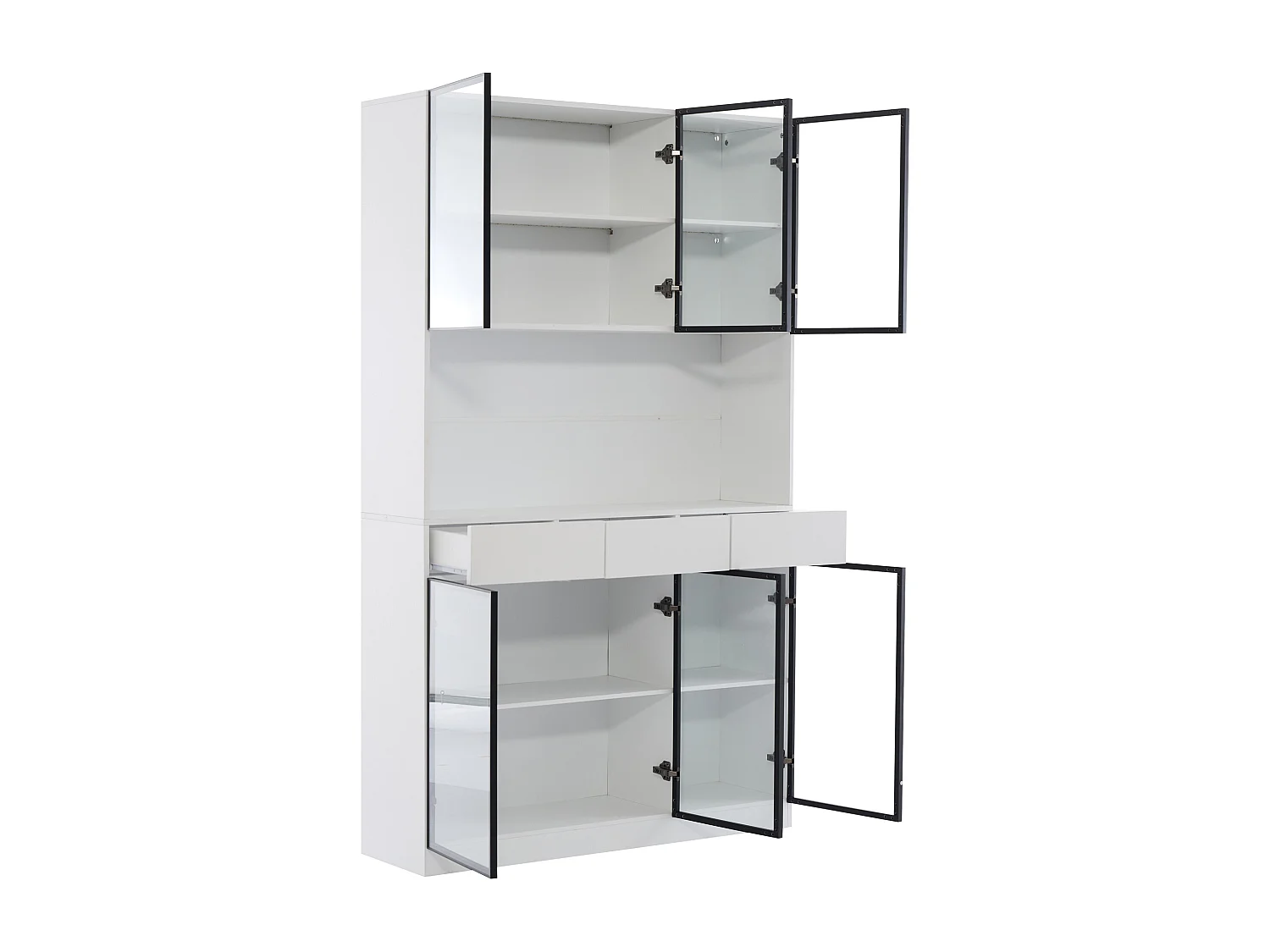 Vetrina libreria LED con 6 ante in vetro, 3 cassetti e vano a giorno - mobile contenitore - bianco (120x36x200cm)