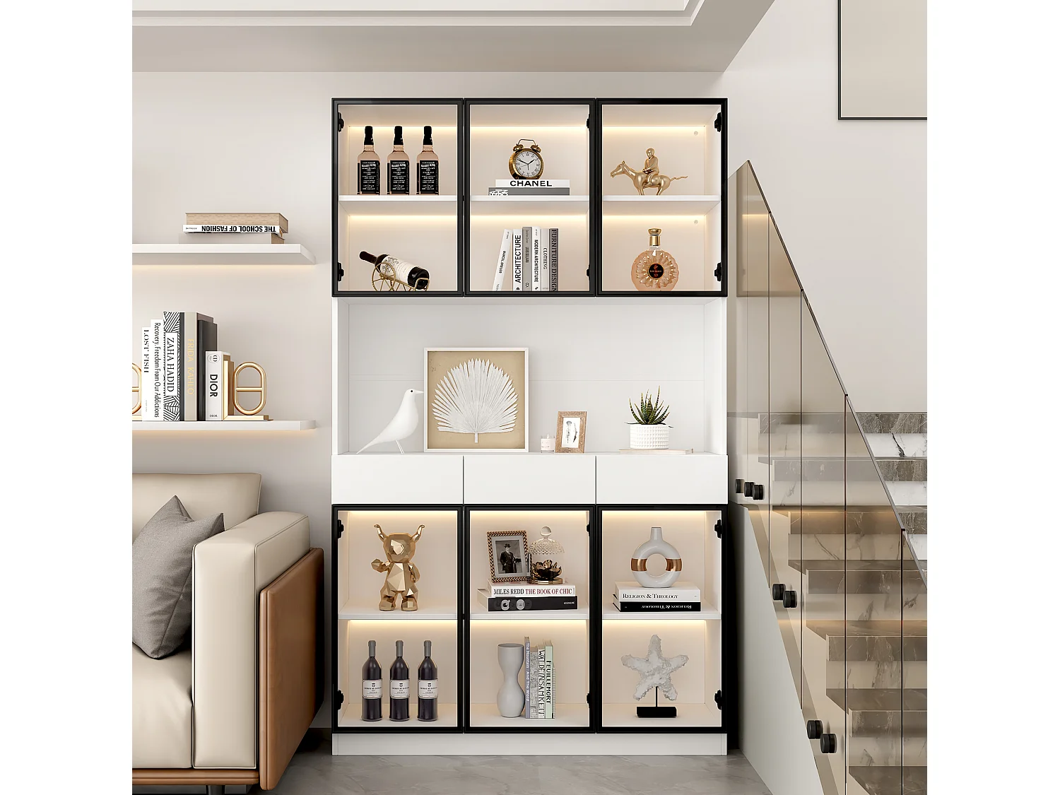 Vetrina libreria LED con 6 ante in vetro, 3 cassetti e vano a giorno - mobile contenitore - bianco (120x36x200cm)