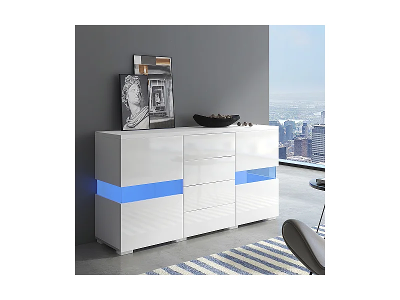 LED eetkamer dressoir met 2 deuren en 4 laden - opbergmeubel - hout - wit (140x35x72 cm)