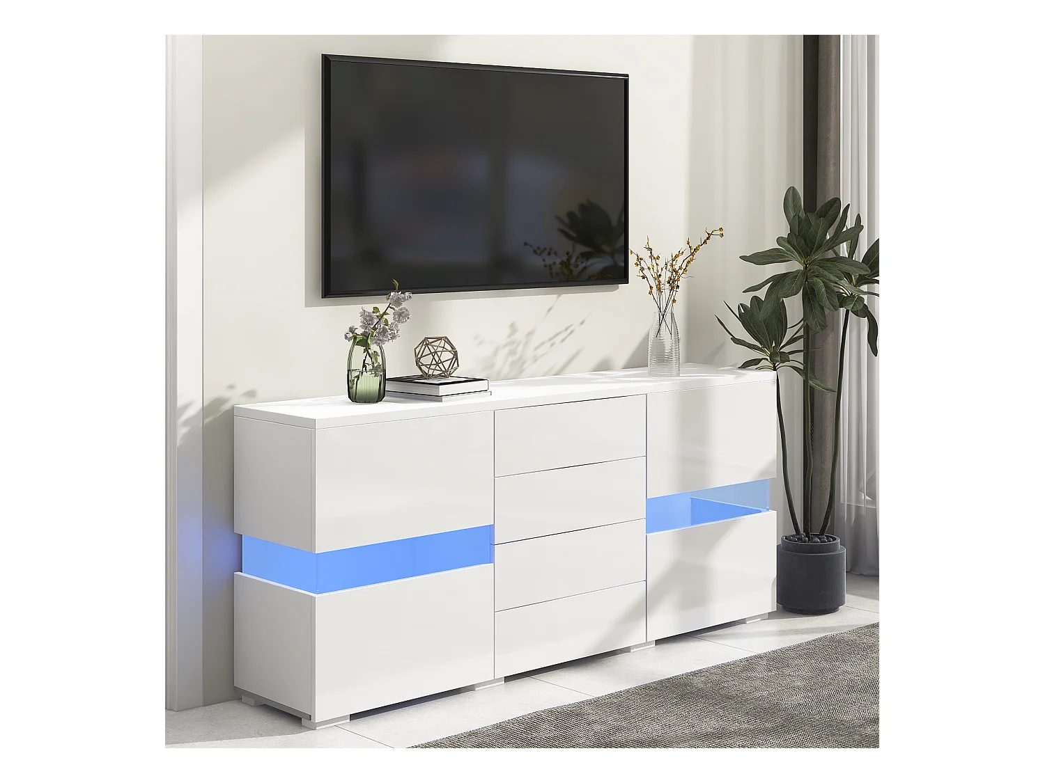 Buffet 140x35x72 cm LED avec 2 portes 4 tiroirs - meuble de rangement - bois - blanc