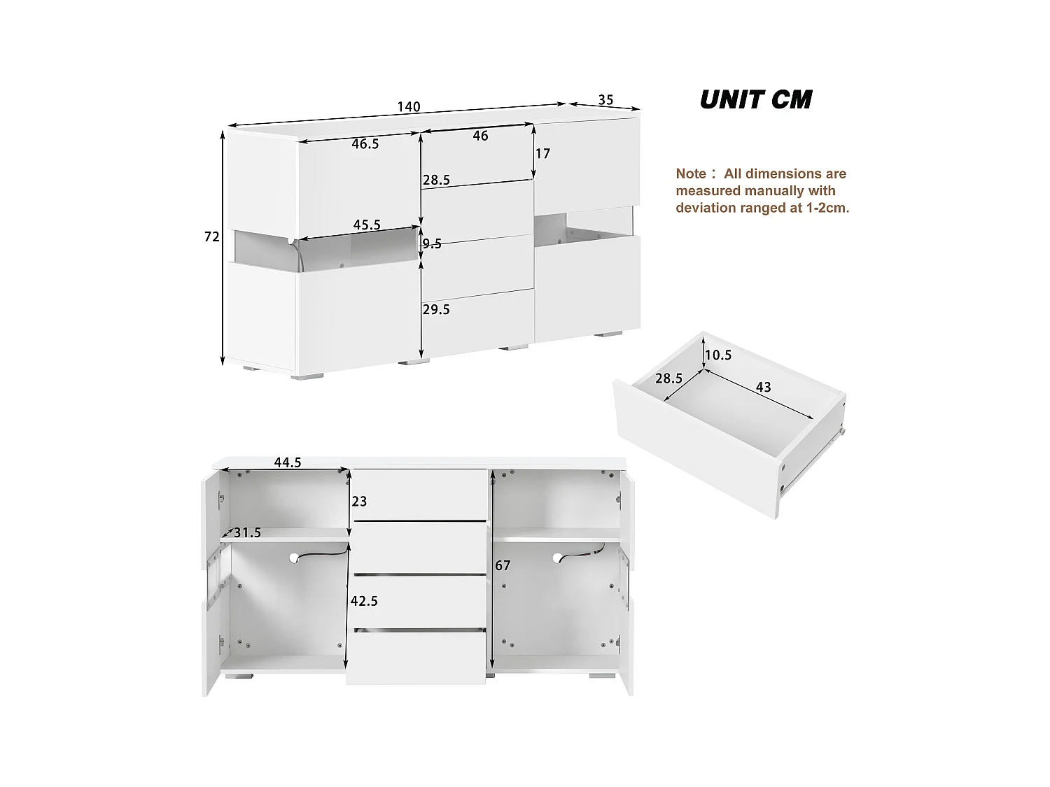 Buffet 140x35x72 cm LED avec 2 portes 4 tiroirs - meuble de rangement - bois - blanc