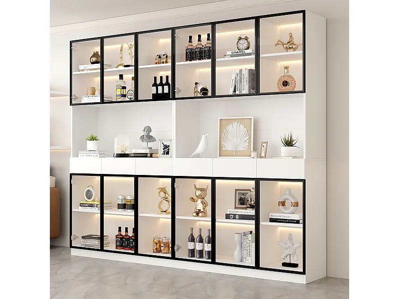 Vitrine 240x36x200cm LED 12 portes vitrées 6 tiroirs et rangement ouvert - meuble de rangement - blanc
