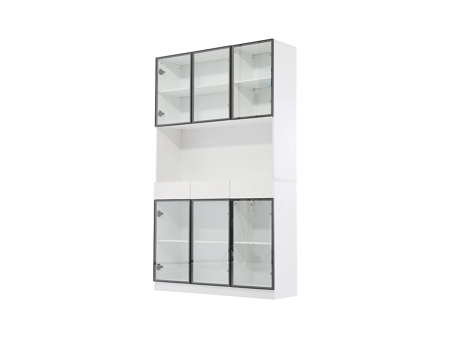 Vitrine 240x36x200cm LED 12 portes vitrées 6 tiroirs et rangement ouvert - meuble de rangement - blanc