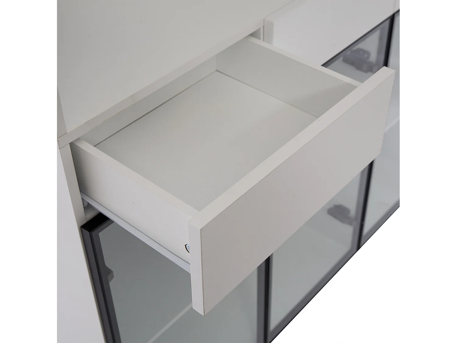 Vitrine 240x36x200cm LED 12 portes vitrées 6 tiroirs et rangement ouvert - meuble de rangement - blanc