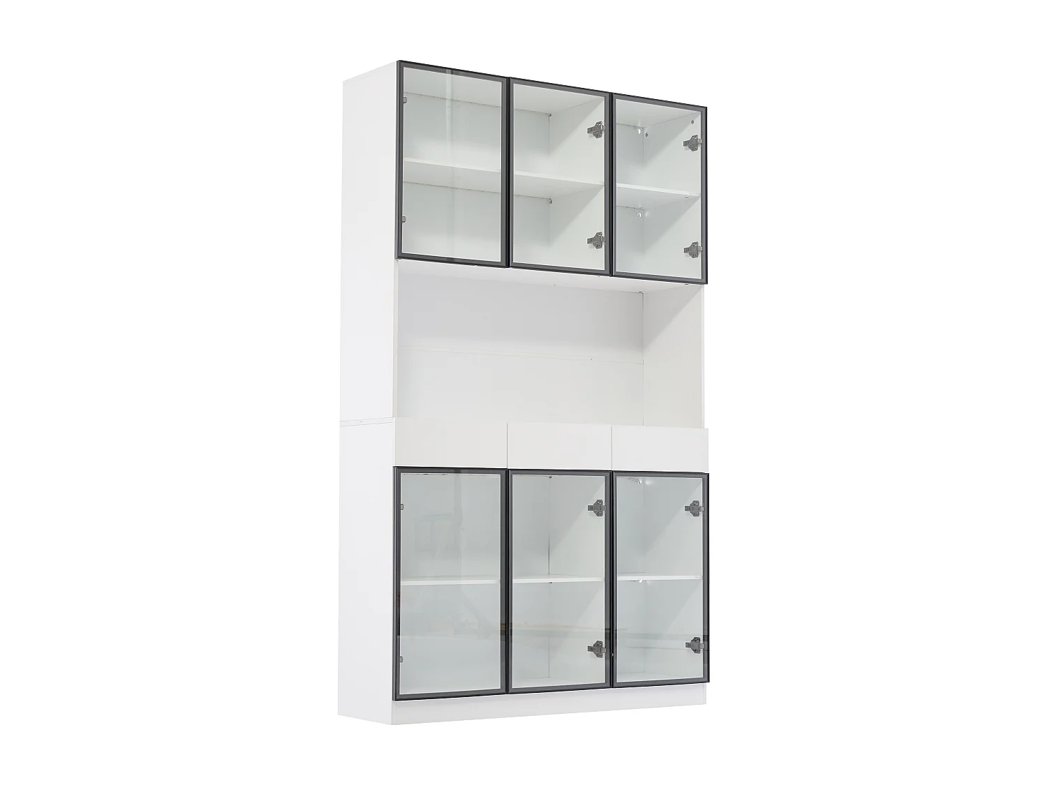 Vitrine 240x36x200cm LED 12 portes vitrées 6 tiroirs et rangement ouvert - meuble de rangement - blanc