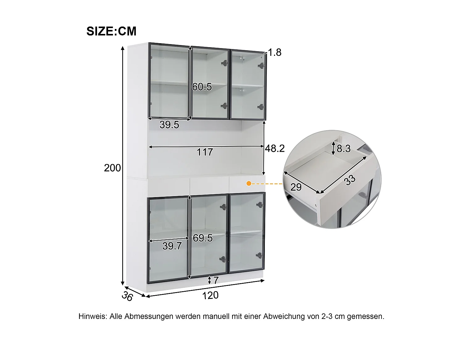 Vitrine 240x36x200cm LED 12 portes vitrées 6 tiroirs et rangement ouvert - meuble de rangement - blanc