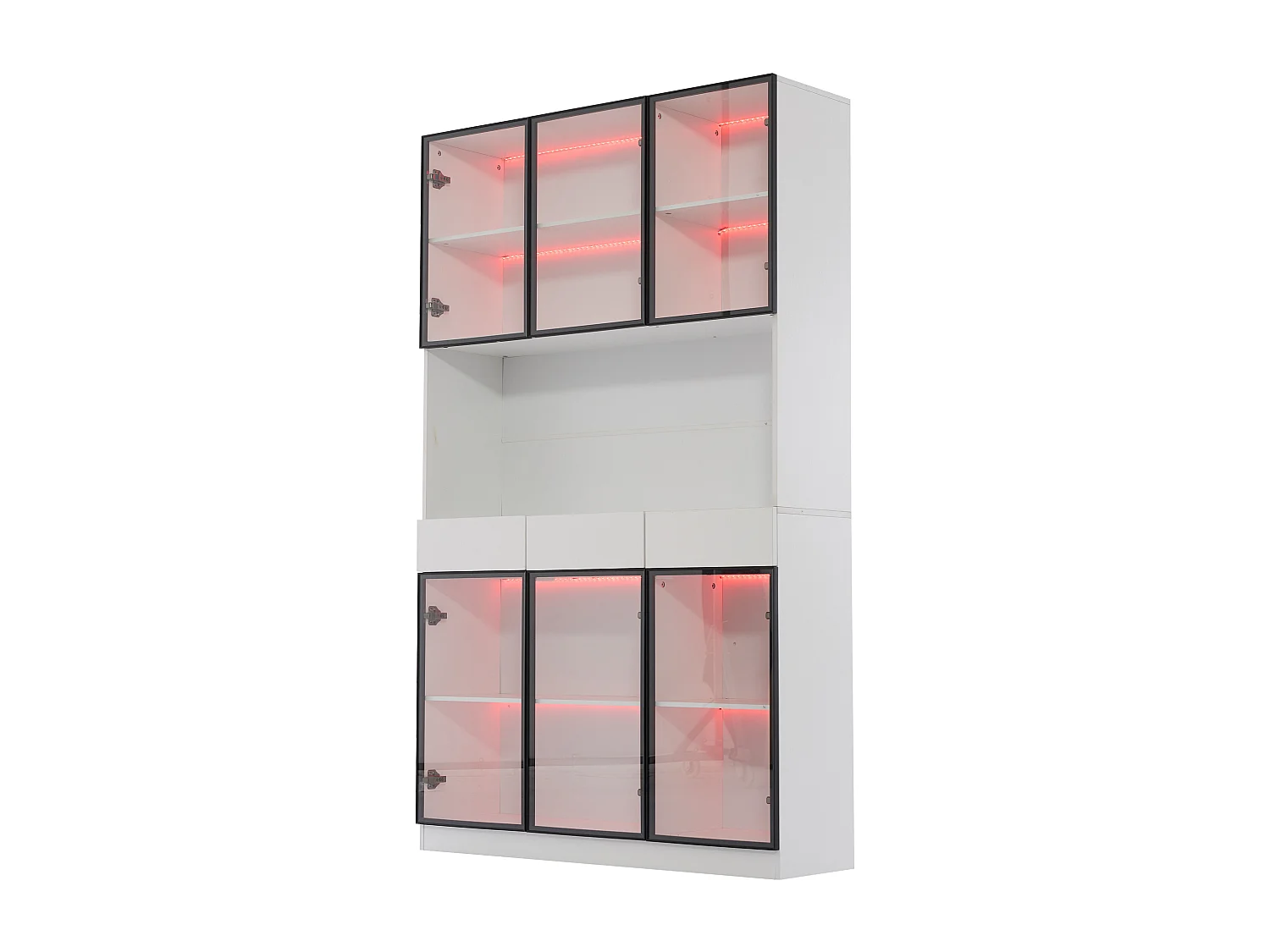 Vitrine 240x36x200cm LED 12 portes vitrées 6 tiroirs et rangement ouvert - meuble de rangement - blanc