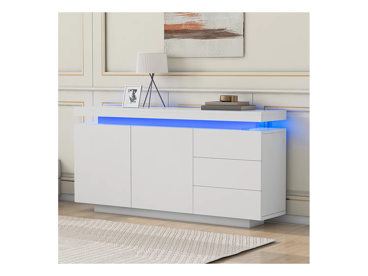 Buffet 140x35x72.5 cm salle à manger LED avec 2 portes 3 tiroirs - meuble de rangement - bois - blanc