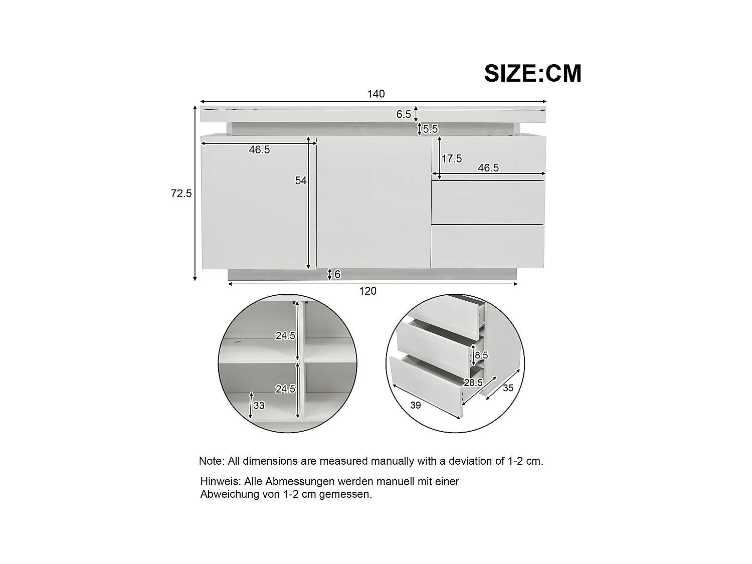 Buffet 140x35x72.5 cm salle à manger LED avec 2 portes 3 tiroirs - meuble de rangement - bois - blanc