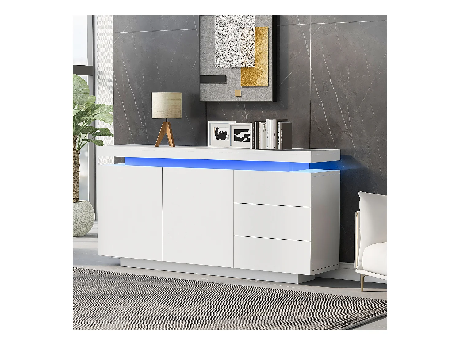 Buffet 140x35x72.5 cm salle à manger LED avec 2 portes 3 tiroirs - meuble de rangement - bois - blanc