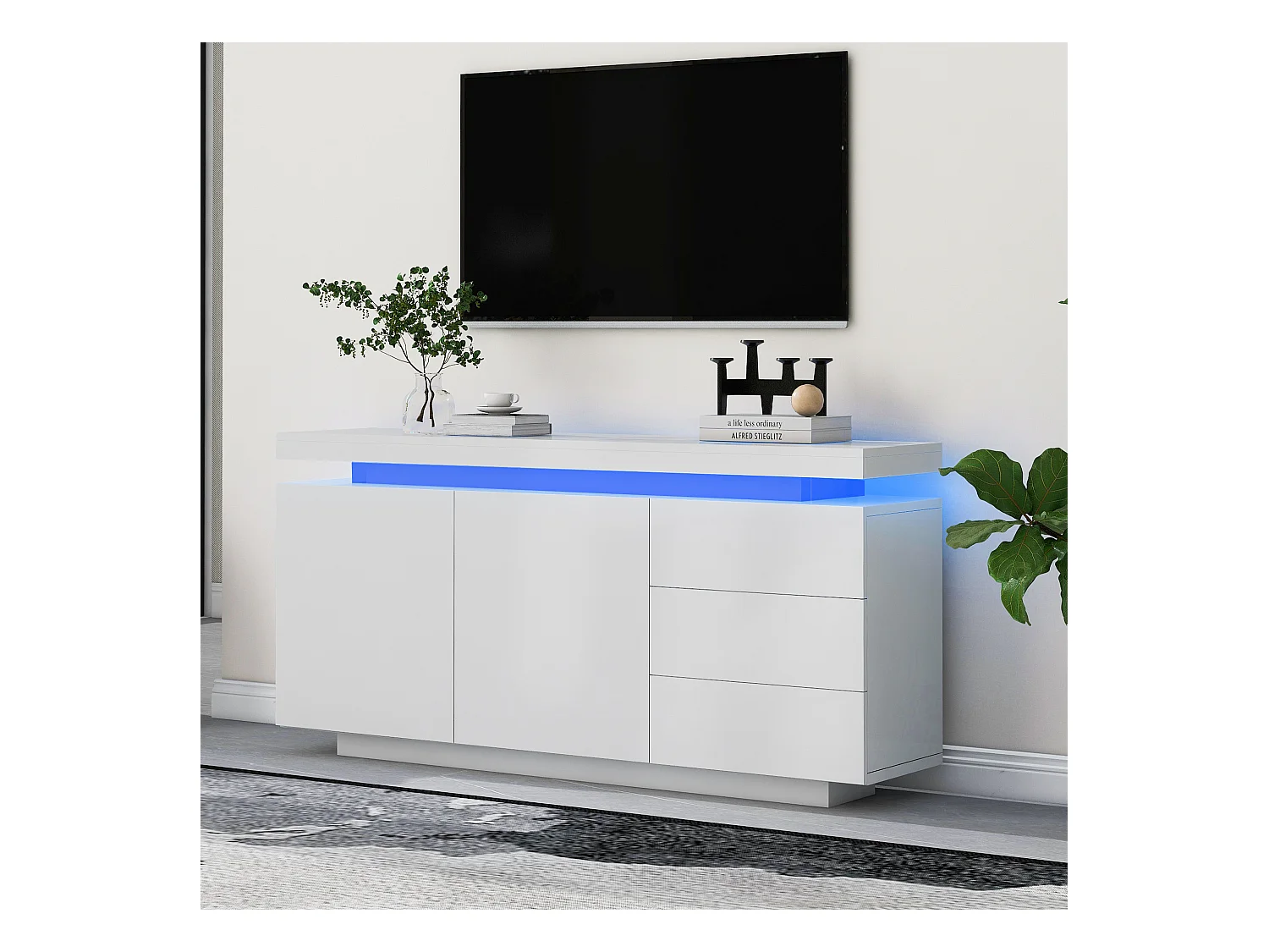 Buffet 140x35x72.5 cm salle à manger LED avec 2 portes 3 tiroirs - meuble de rangement - bois - blanc