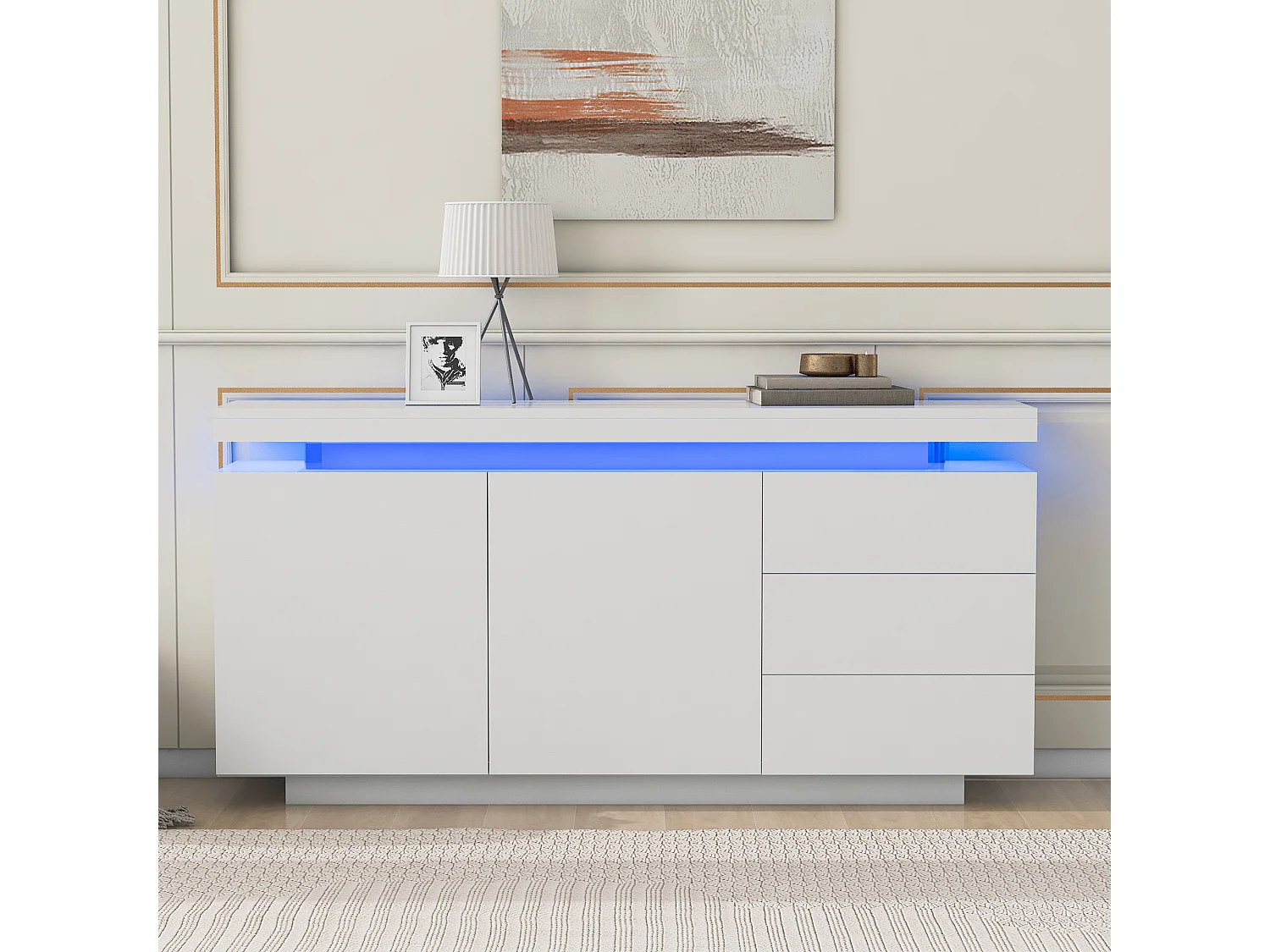 LED eetkamer dressoir met 2 deuren en 3 laden - opbergmeubel - hout - wit (140x35x72,5 cm)